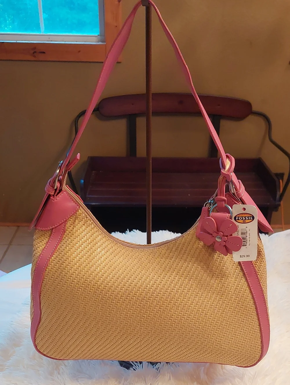 NWT Vintage Y2K Fossil Pink Straw Hobo Shoulder Bag ZB 9388